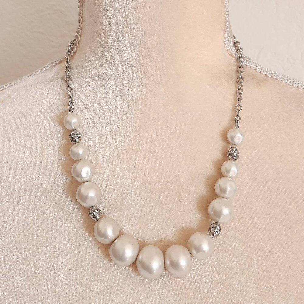 Lia Sophia Symphony Cream Glass Pearl & Silver Bead Classic Elegant Necklace